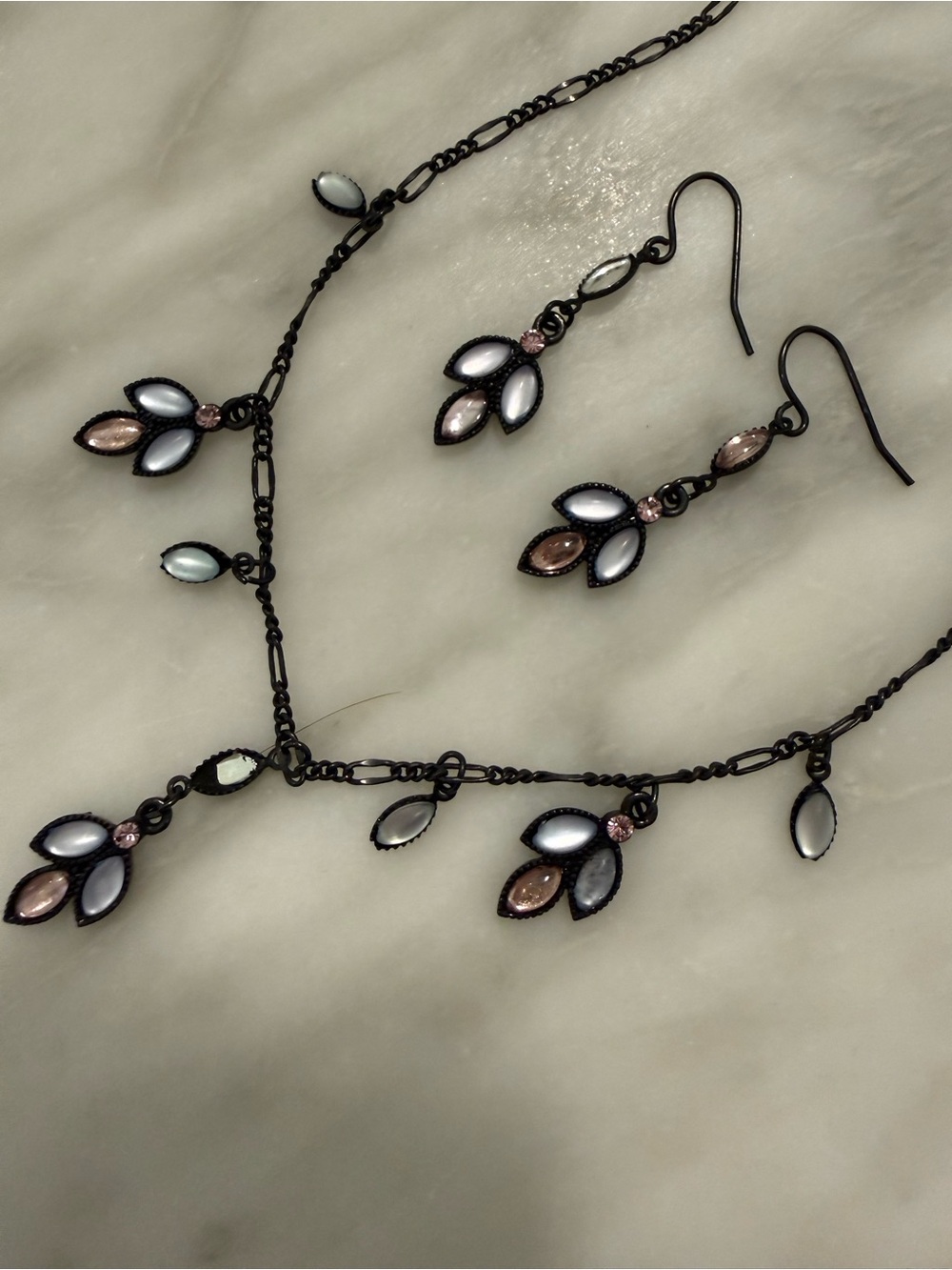 Necklace & Dangly French Wire Earrings Set Black Pink & Blue Stones Dainty
